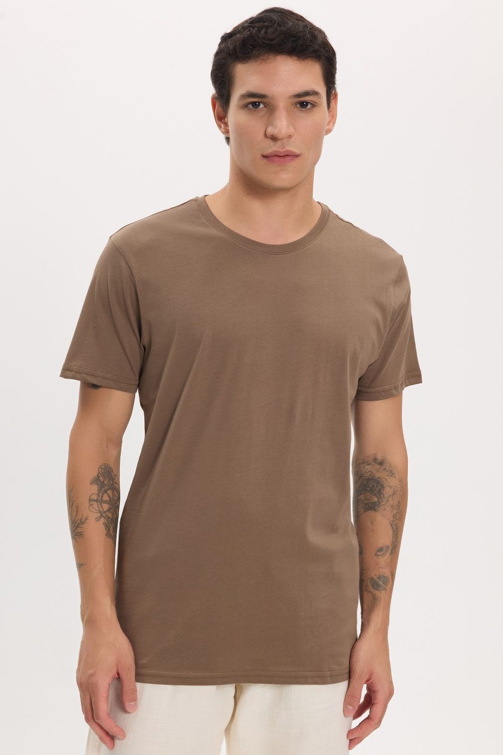 Unisex Slim Fit Dar Kesim %100 Pamuk Yumuşak Dokulu Kahverengi Bisiklet Yaka Tişört