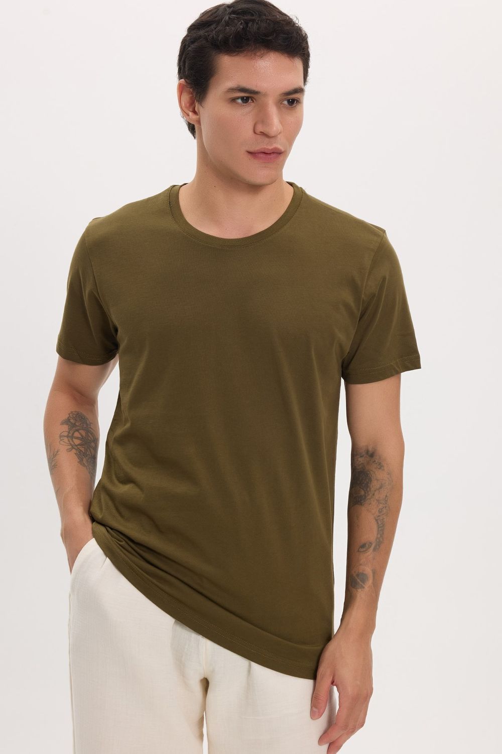 Unisex Slim Fit Dar Kesim %100 Pamuk Yumuşak Dokulu Haki Bisiklet Yaka Tişört