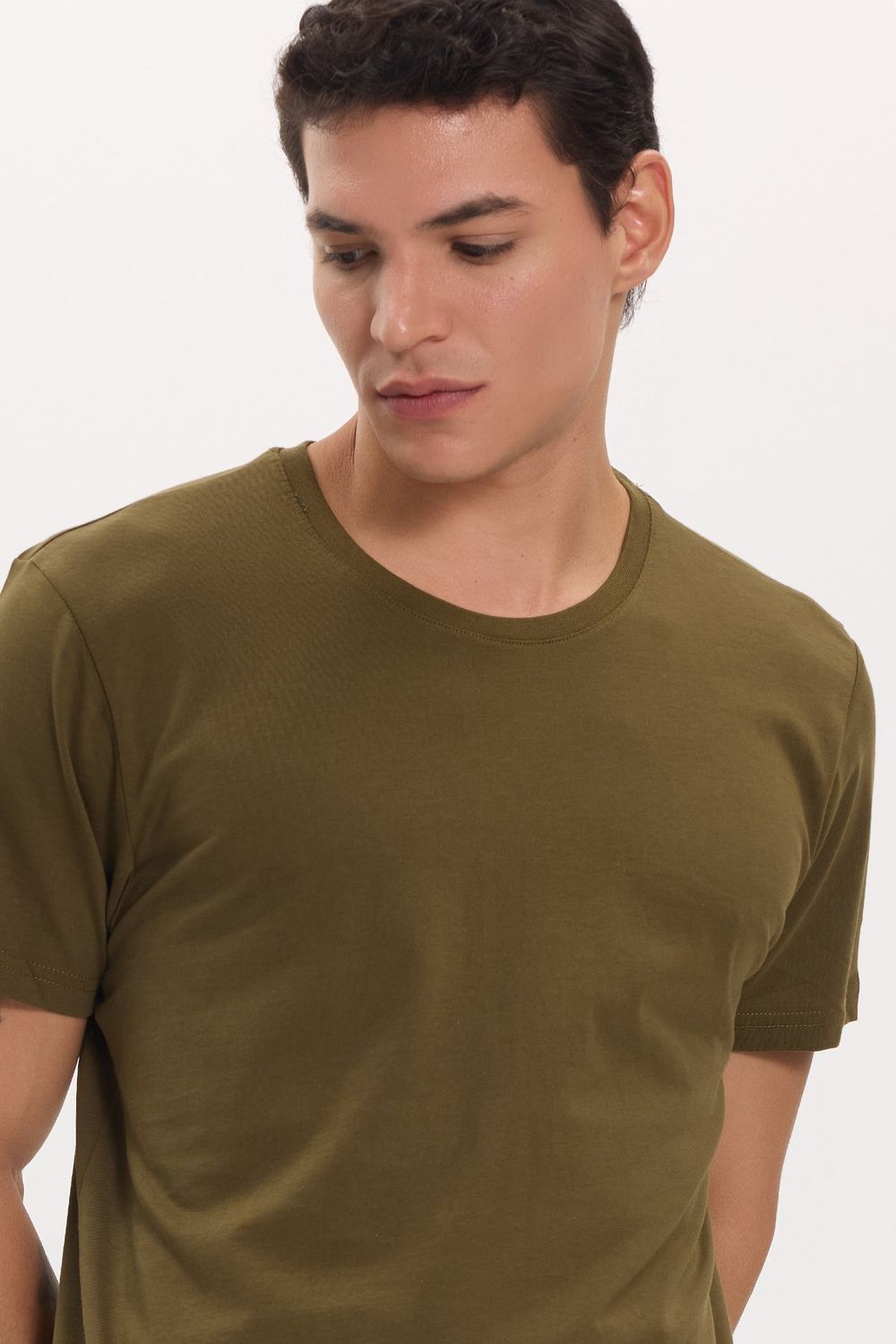 Unisex Slim Fit Dar Kesim %100 Pamuk Yumuşak Dokulu Haki Bisiklet Yaka Tişört