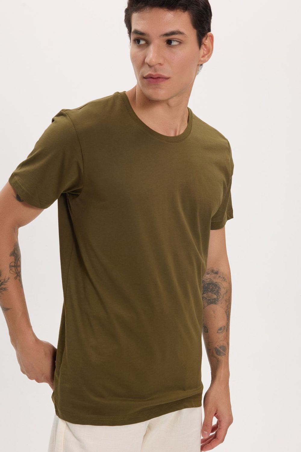 Unisex Slim Fit Dar Kesim %100 Pamuk Yumuşak Dokulu Haki Bisiklet Yaka Tişört