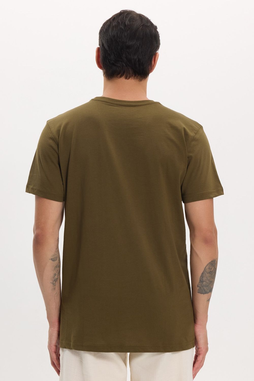 Unisex Slim Fit Dar Kesim %100 Pamuk Yumuşak Dokulu Haki Bisiklet Yaka Tişört