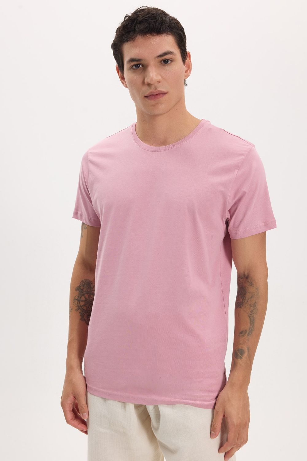 Unisex Slim Fit Dar Kesim %100 Pamuk Yumuşak Dokulu Lila Bisiklet Yaka Tişört