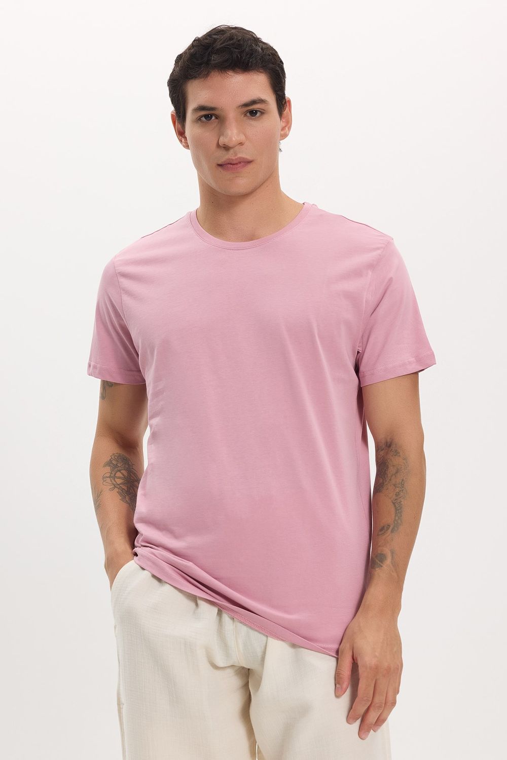Unisex Slim Fit Dar Kesim %100 Pamuk Yumuşak Dokulu Lila Bisiklet Yaka Tişört