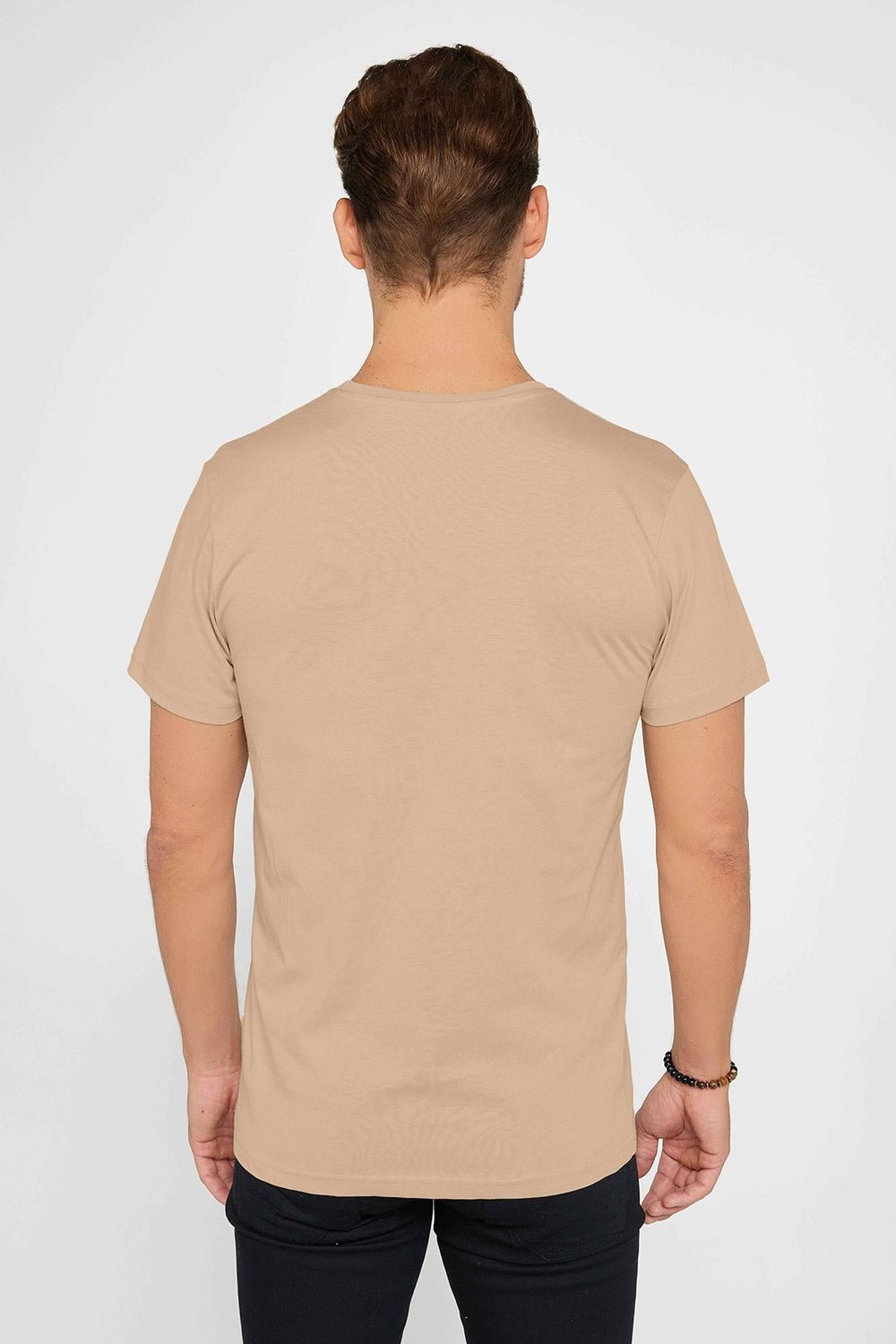 Erkek Slim Fit Dar Kesim %100 Pamuk Yumuşak Dokulu Vizon Renk Bisiklet Yaka Tişört
