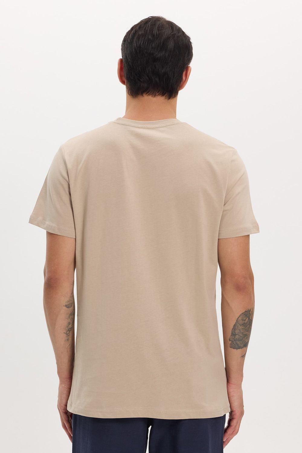 Unisex Slim Fit Dar Kesim %100 Pamuk Yumuşak Dokulu Vizon Renk Bisiklet Yaka Tişört
