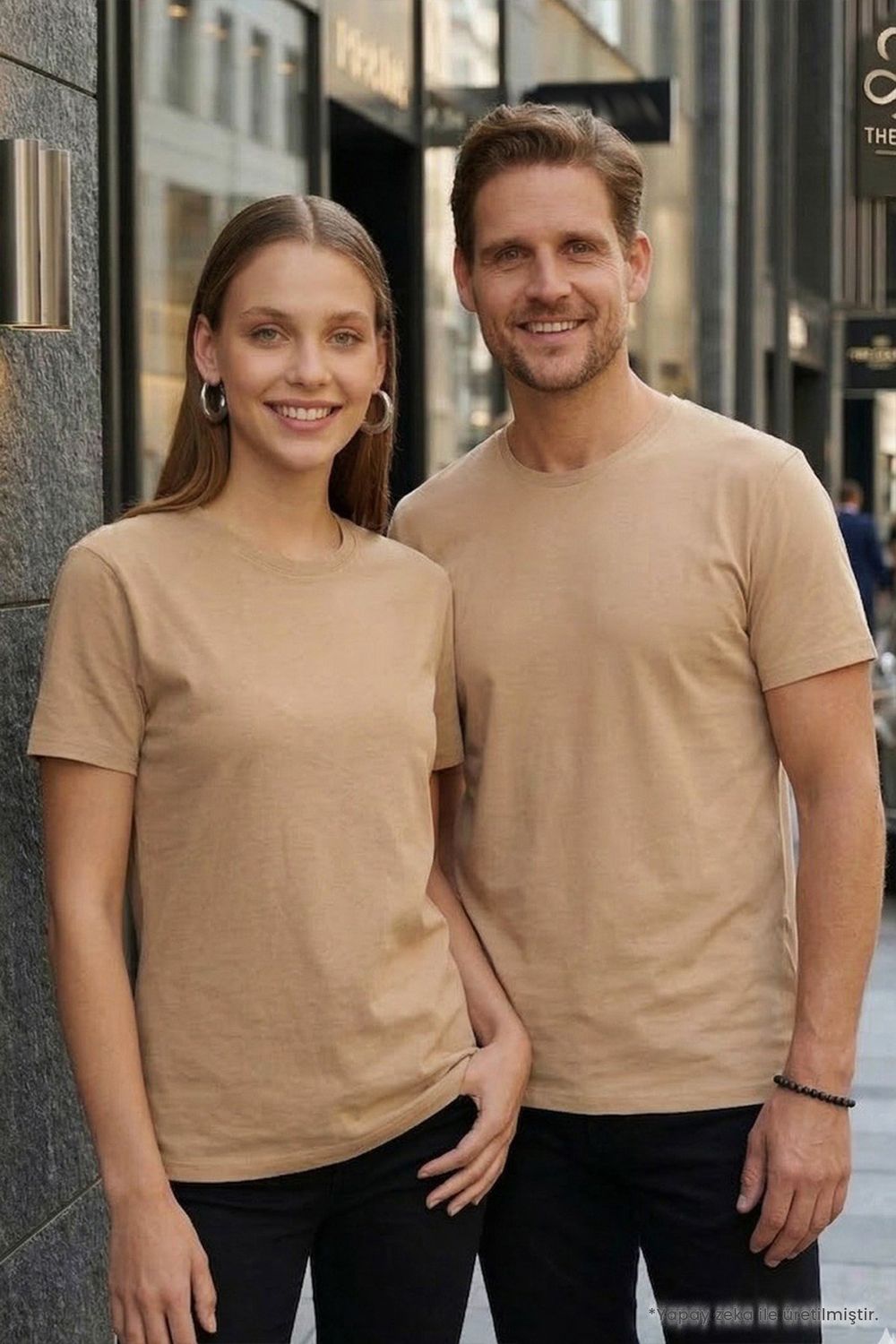 Unisex Slim Fit Dar Kesim %100 Pamuk Yumuşak Dokulu Vizon Renk Bisiklet Yaka Tişört