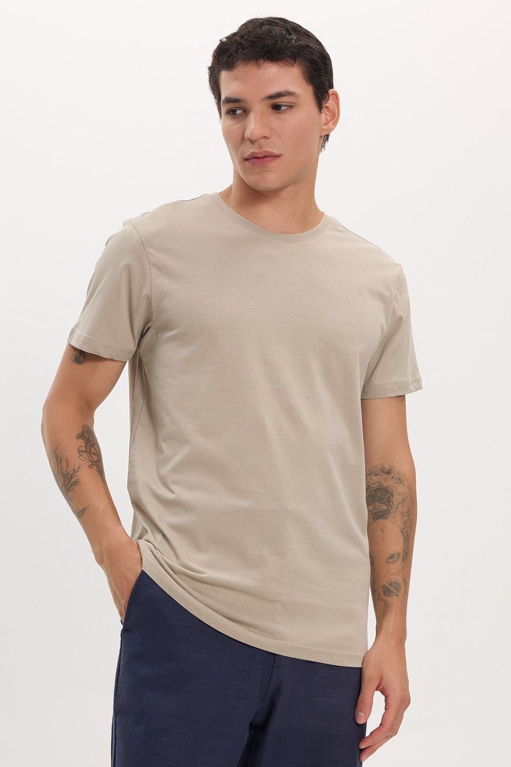 Unisex Slim Fit Dar Kesim %100 Pamuk Yumuşak Dokulu Vizon Bisiklet Yaka Tişört