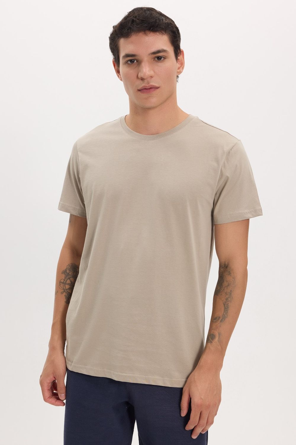 Unisex Slim Fit Dar Kesim %100 Pamuk Yumuşak Dokulu Vizon Bisiklet Yaka Tişört