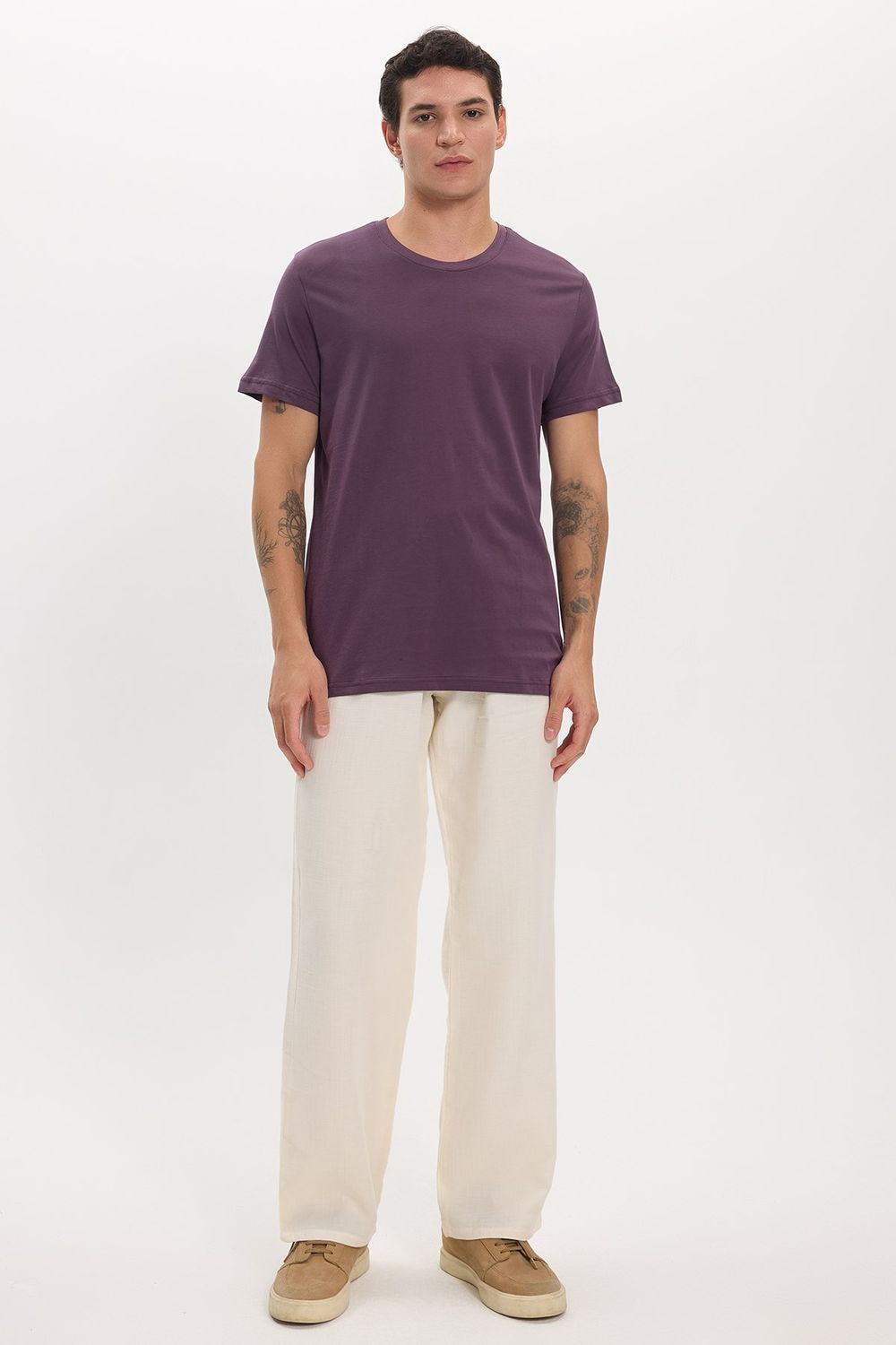 Unisex Slim Fit Dar Kesim %100 Pamuk Yumuşak Dokulu Mor Bisiklet Yaka Tişört