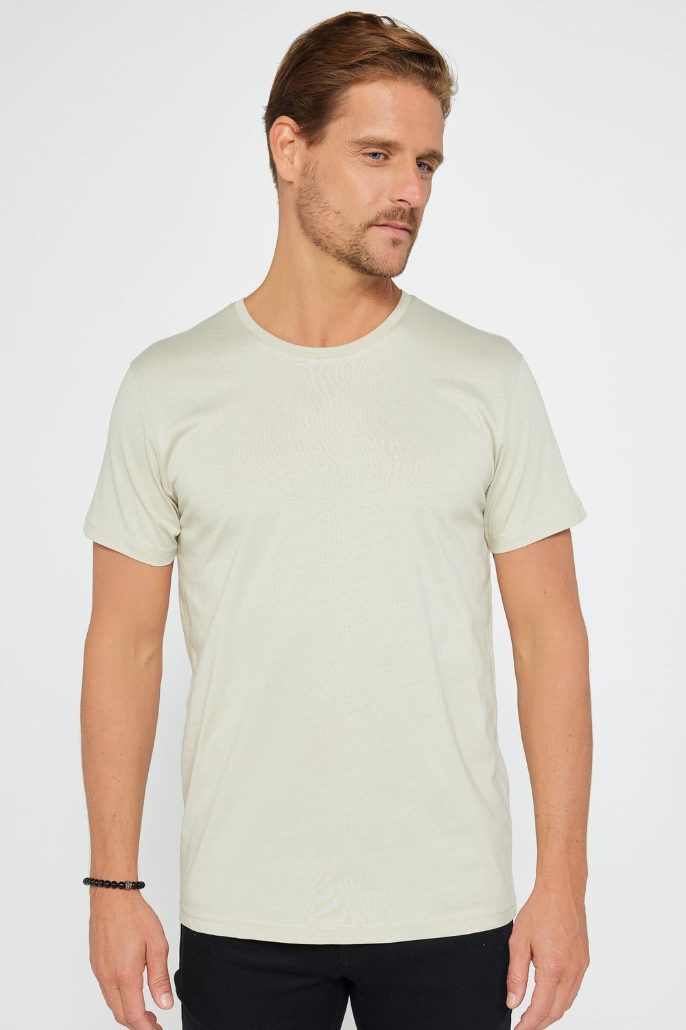 Erkek Slim Fit Dar Kesim Bisiklet Yaka %100 Organik Pamuk Yumuşak Dokulu Kısa Kol Taş Renk Tişört
