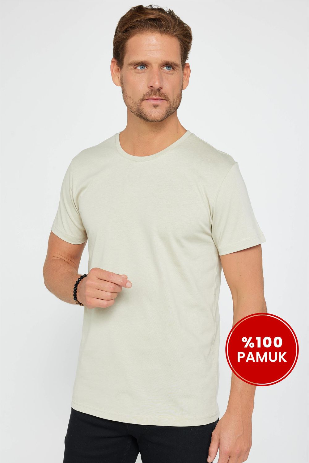 Unisex Slim Fit Dar Kesim %100 Pamuk Yumuşak Dokulu Taş Renk Bisiklet Yaka Tişört