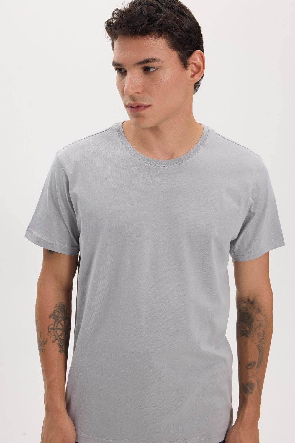 Unisex Slim Fit Dar Kesim %100 Pamuk Yumuşak Dokulu Gri Bisiklet Yaka Tişört