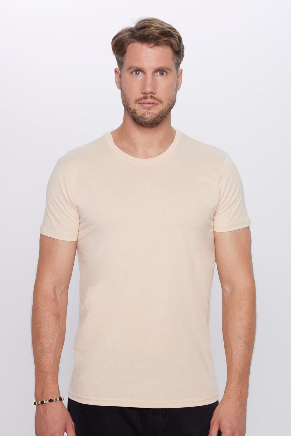 Erkek Slim Fit Dar Kesim %100 Pamuk Yumuşak Dokulu Krem Renk Bisiklet Yaka Tişört
