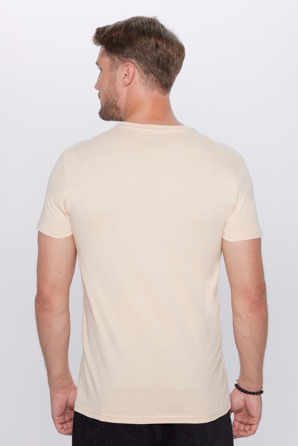 Erkek Slim Fit Dar Kesim %100 Pamuk Yumuşak Dokulu Krem Renk Bisiklet Yaka Tişört