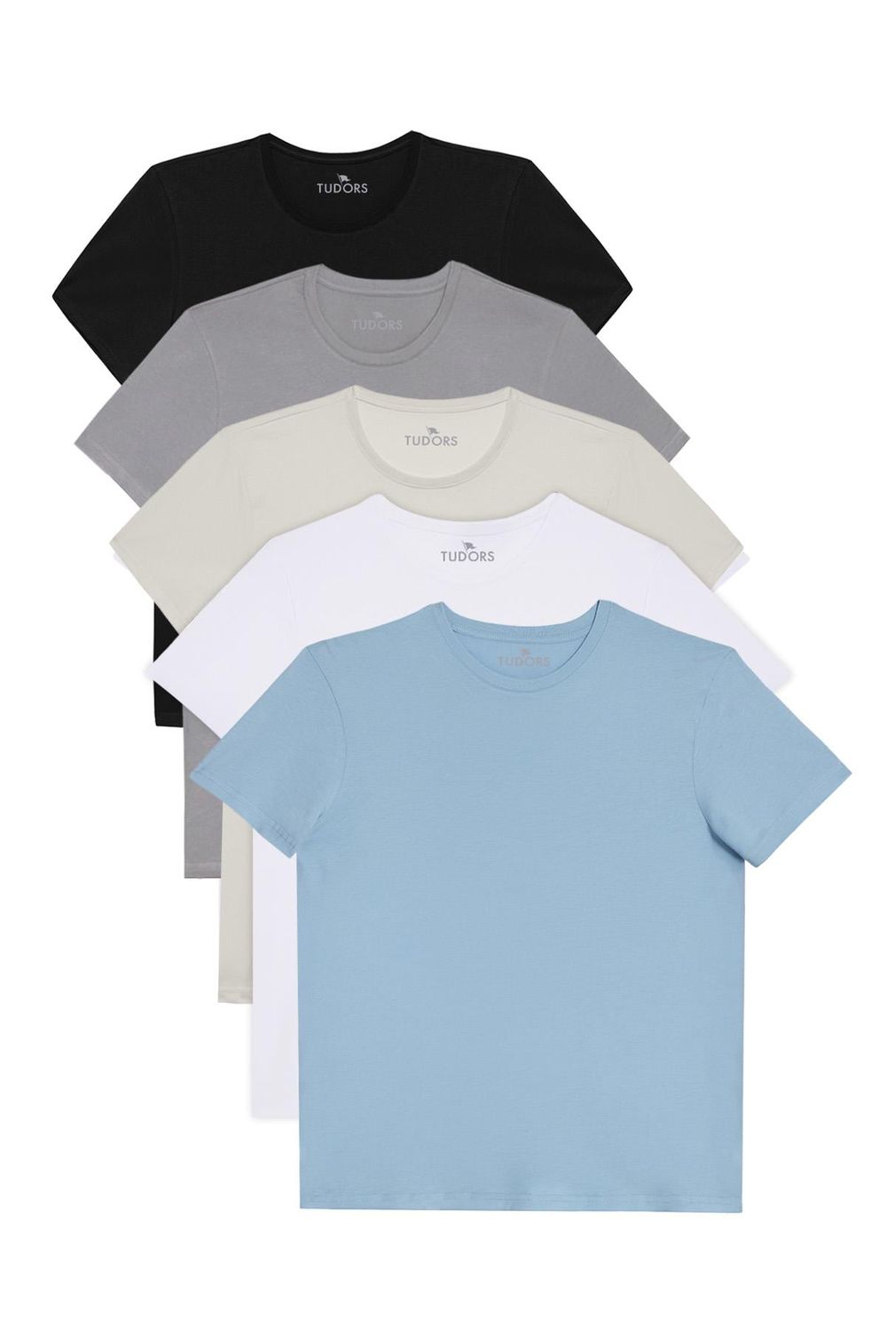 Unisex 5'li Paket Siyah-Beyaz-Haki-Bordo-Vizon Slim Fit Dar Kesim %100 Pamuk Bisiklet Yaka Tişört