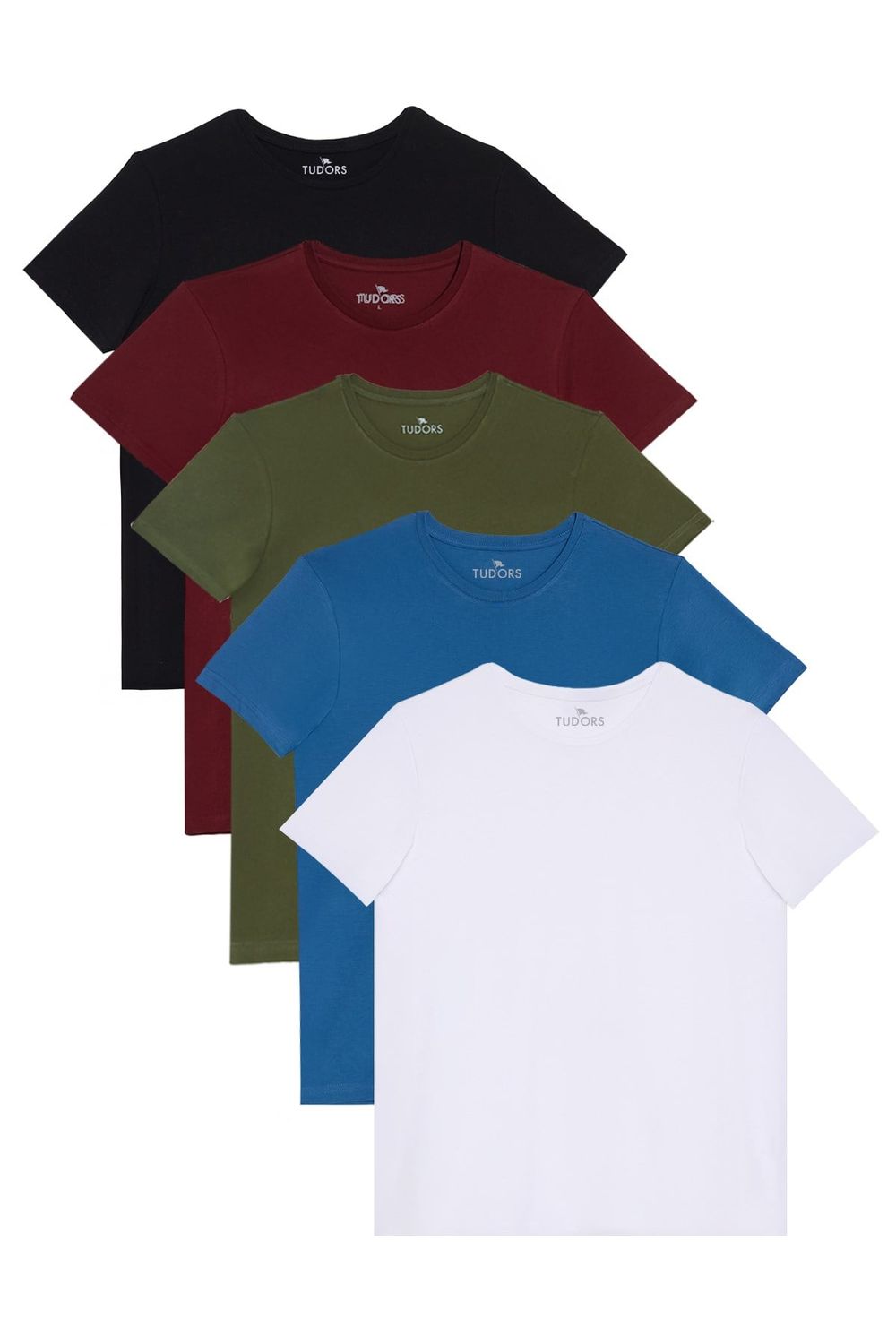 Unisex 5'li Paket Siyah-Beyaz-Bordo-Mavi-Yeşil Slim Fit Dar Kesim %100 Pamuk Bisiklet Yaka Tişört