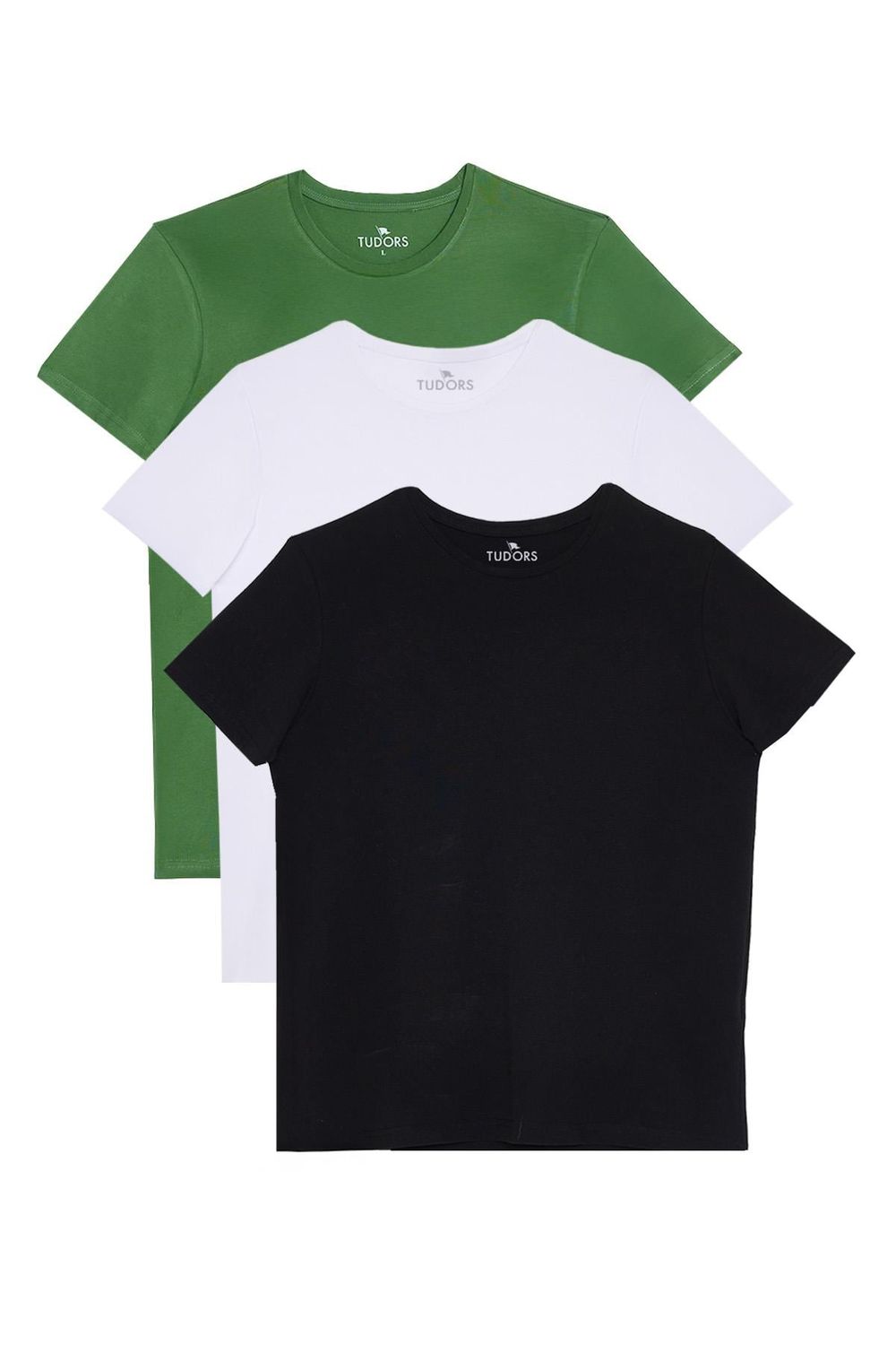 Unisex 3'lü Paket Siyah-Beyaz-Yeşil Slim Fit Dar Kesim %100 Pamuk Bisiklet Yaka Tişört