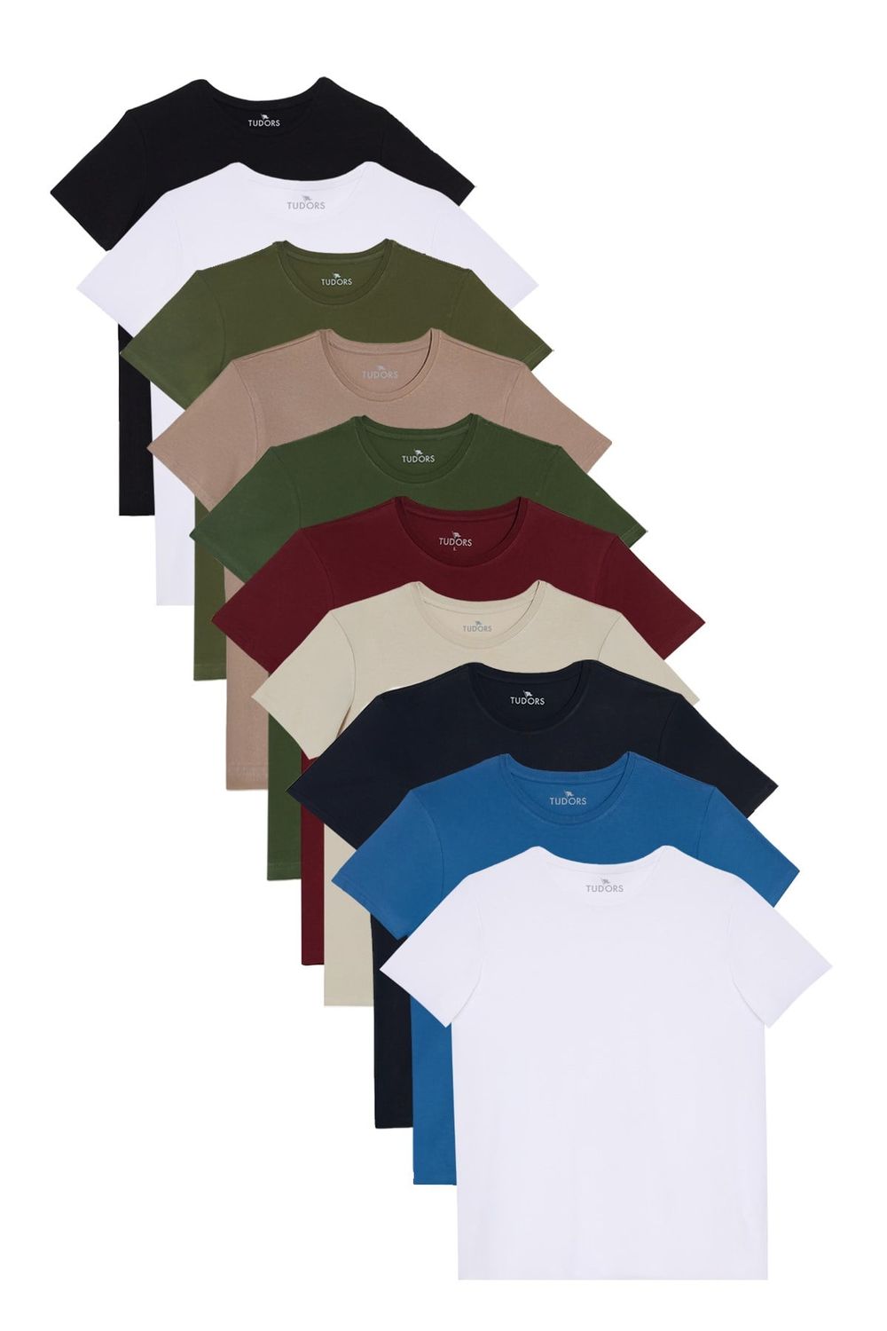 Unisex 10'lu Pkt Siyah-Beyaz-Vizon-Yeşil-Lacivert-Mavi-Bordo Slim Fit %100 Pamuk Bisiklet Yaka Tişört