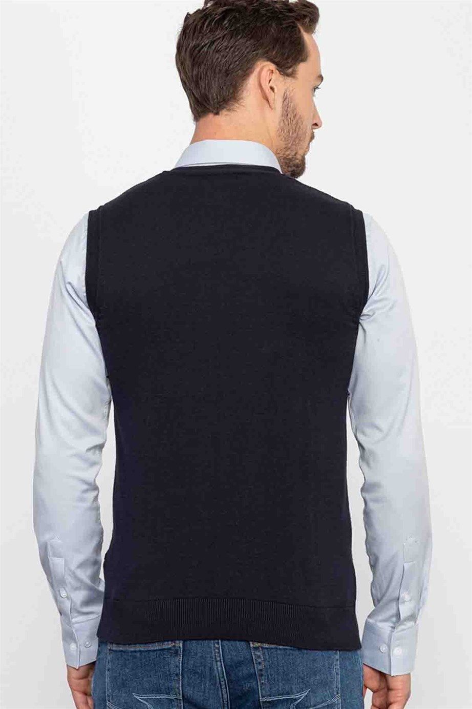 Slim Fit Dar Kesim V Yaka Kendinden Desenli Erkek Süveter