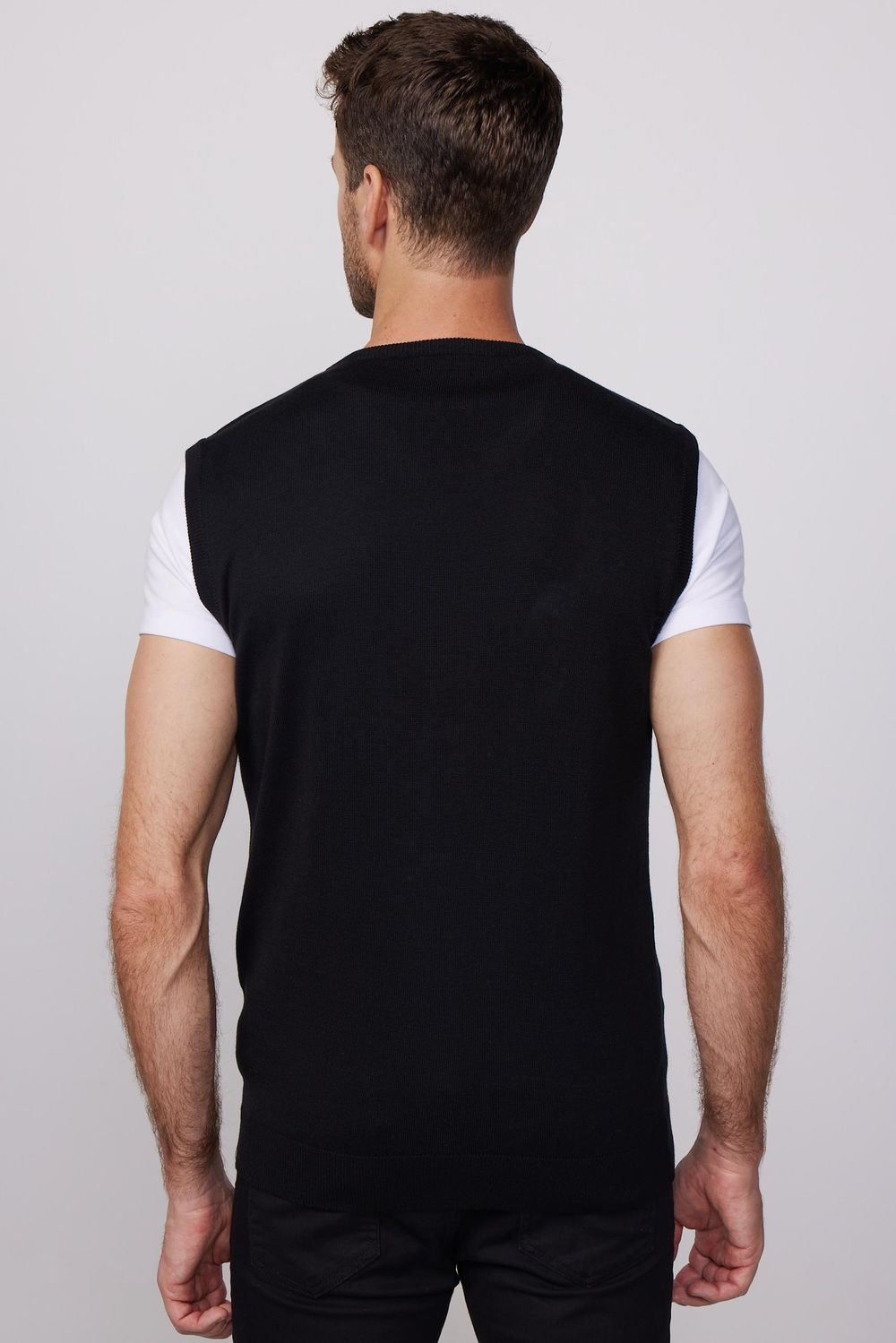 Slim Fit Dar Kesim V Yaka Kendinden Desenli Siyah Erkek Süveter