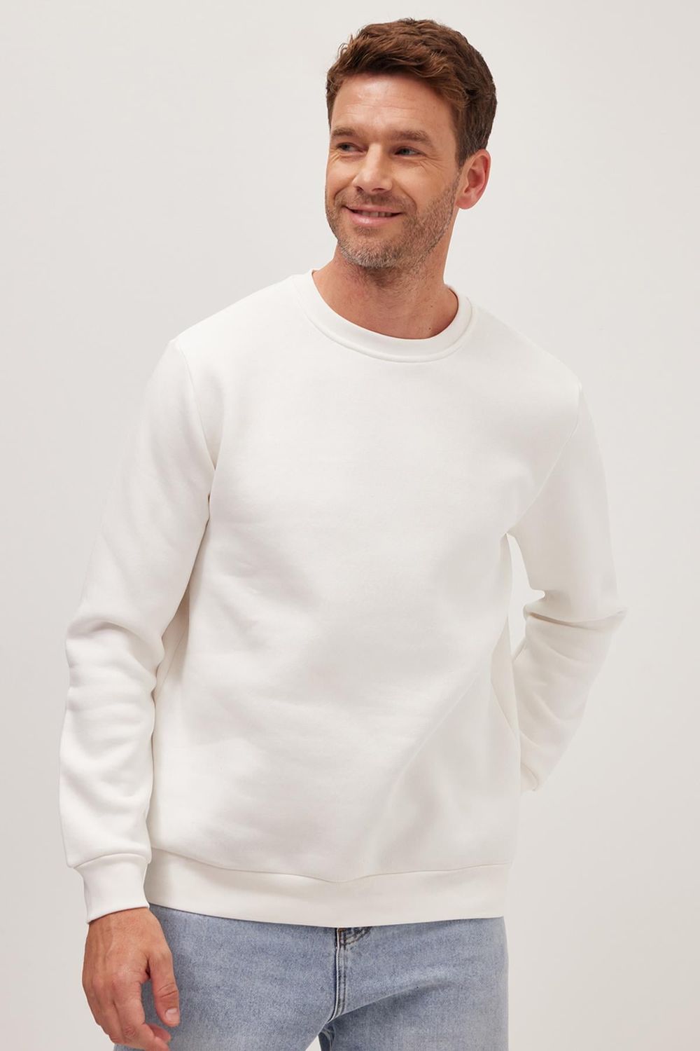 Unisex Relax Fit Rahat Kesim Pamuklu Yumuşak Dokulu İçi Polarlı Beyaz Bisiklet Yaka Sweatshirt