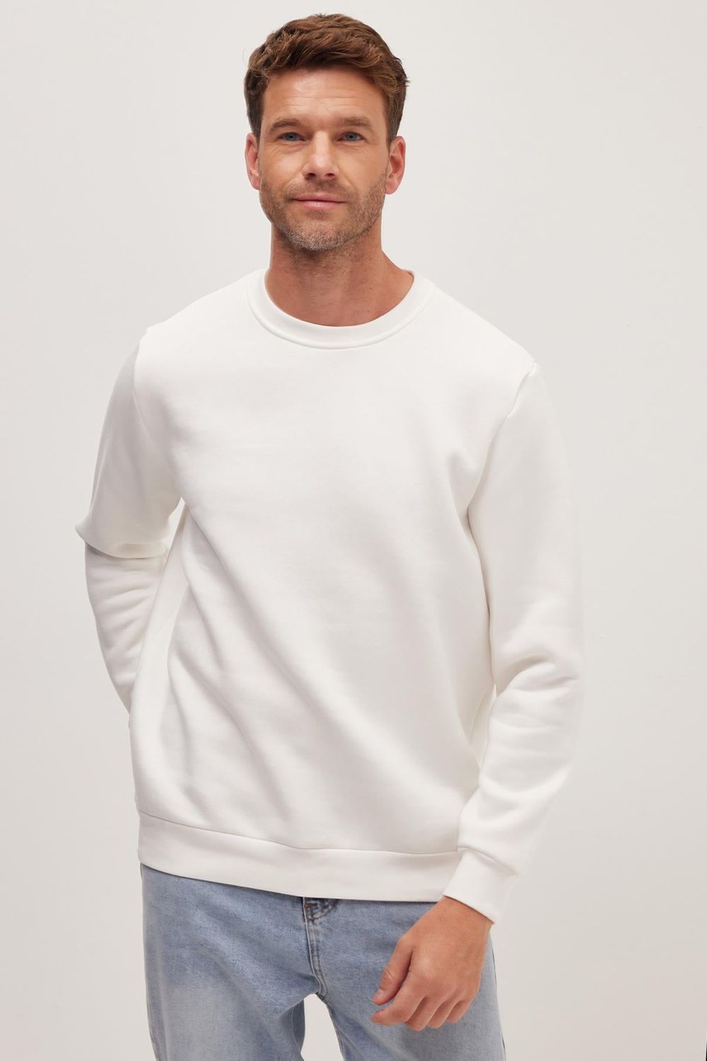 Unisex Relax Fit Rahat Kesim Pamuklu Yumuşak Dokulu İçi Polarlı Beyaz Bisiklet Yaka Sweatshirt