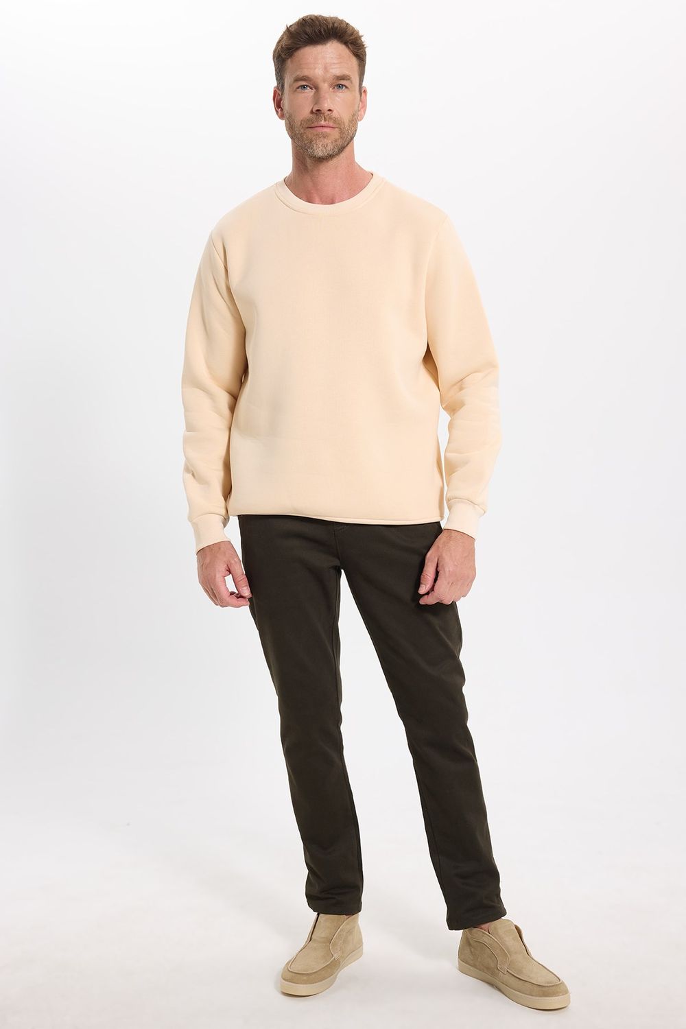 Unisex Relax Fit Rahat Kesim Pamuklu 3 İplik İçi Polarlı Bej Renk Bisiklet Yaka Sweatshirt