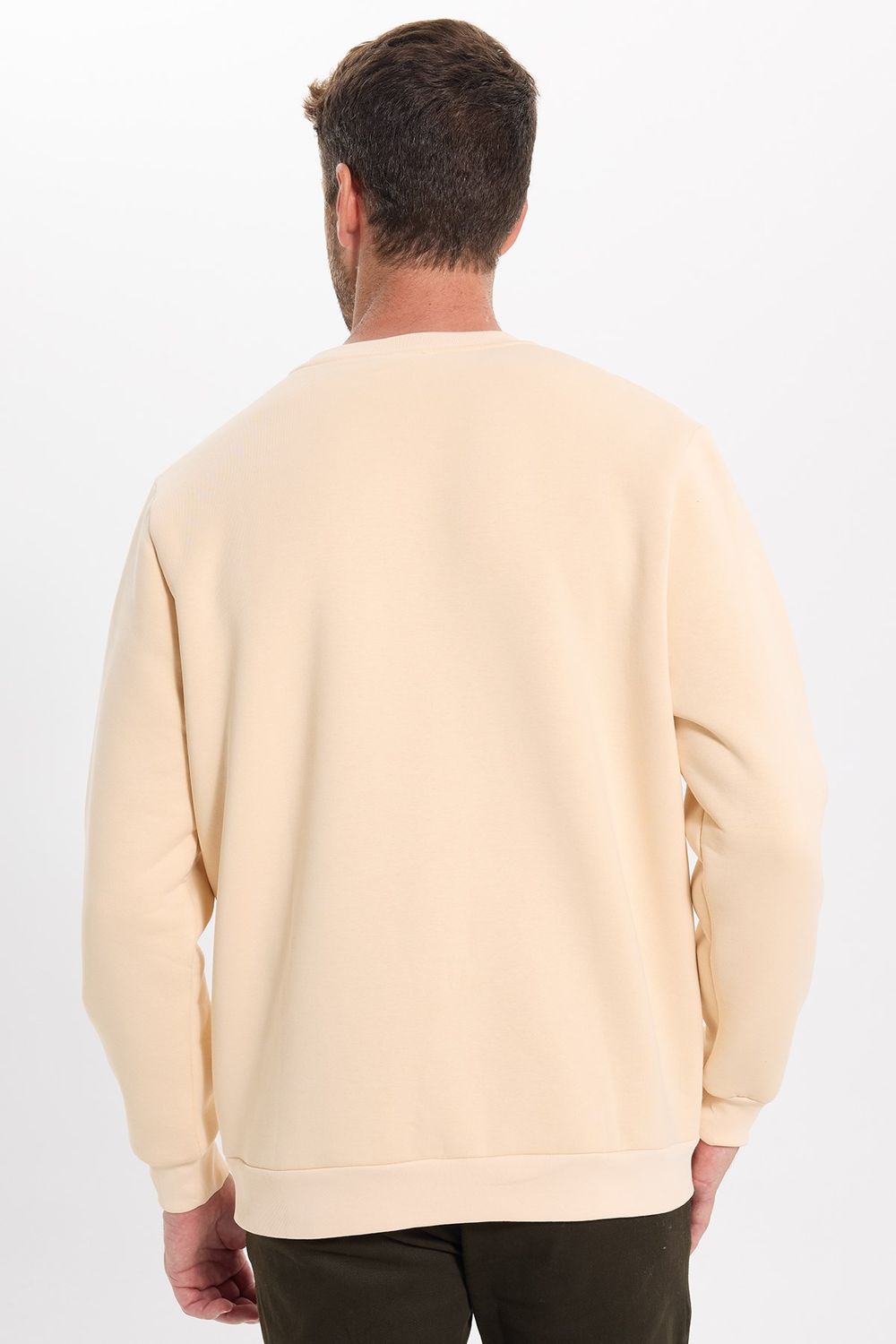 Unisex Relax Fit Rahat Kesim Pamuklu 3 İplik İçi Polarlı Bej Renk Bisiklet Yaka Sweatshirt