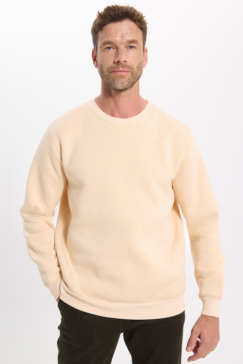 Unisex Relax Fit Rahat Kesim Pamuklu 3 İplik İçi Polarlı Bej Renk Bisiklet Yaka Sweatshirt