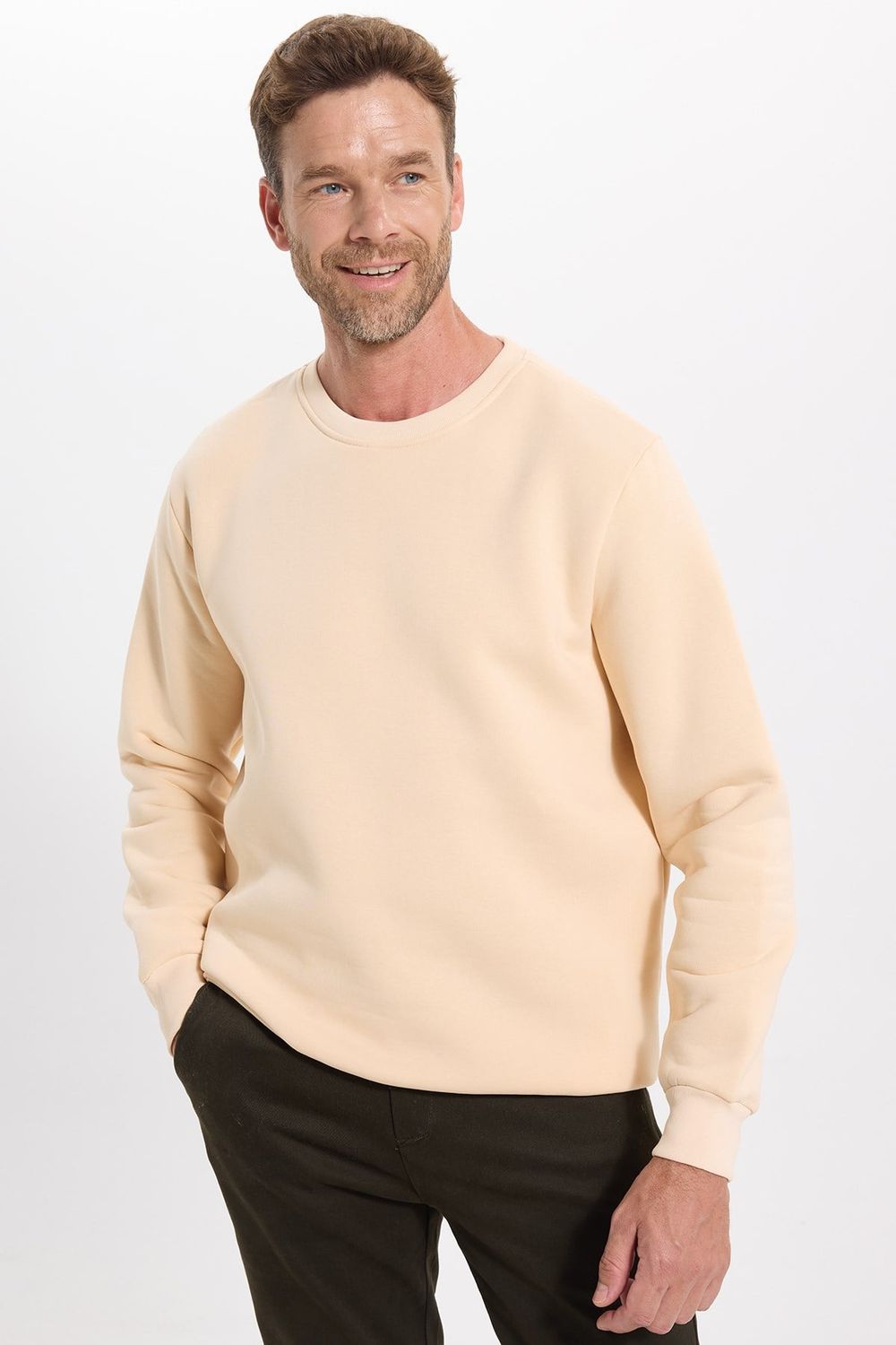Unisex Relax Fit Rahat Kesim Pamuklu 3 İplik İçi Polarlı Bej Renk Bisiklet Yaka Sweatshirt
