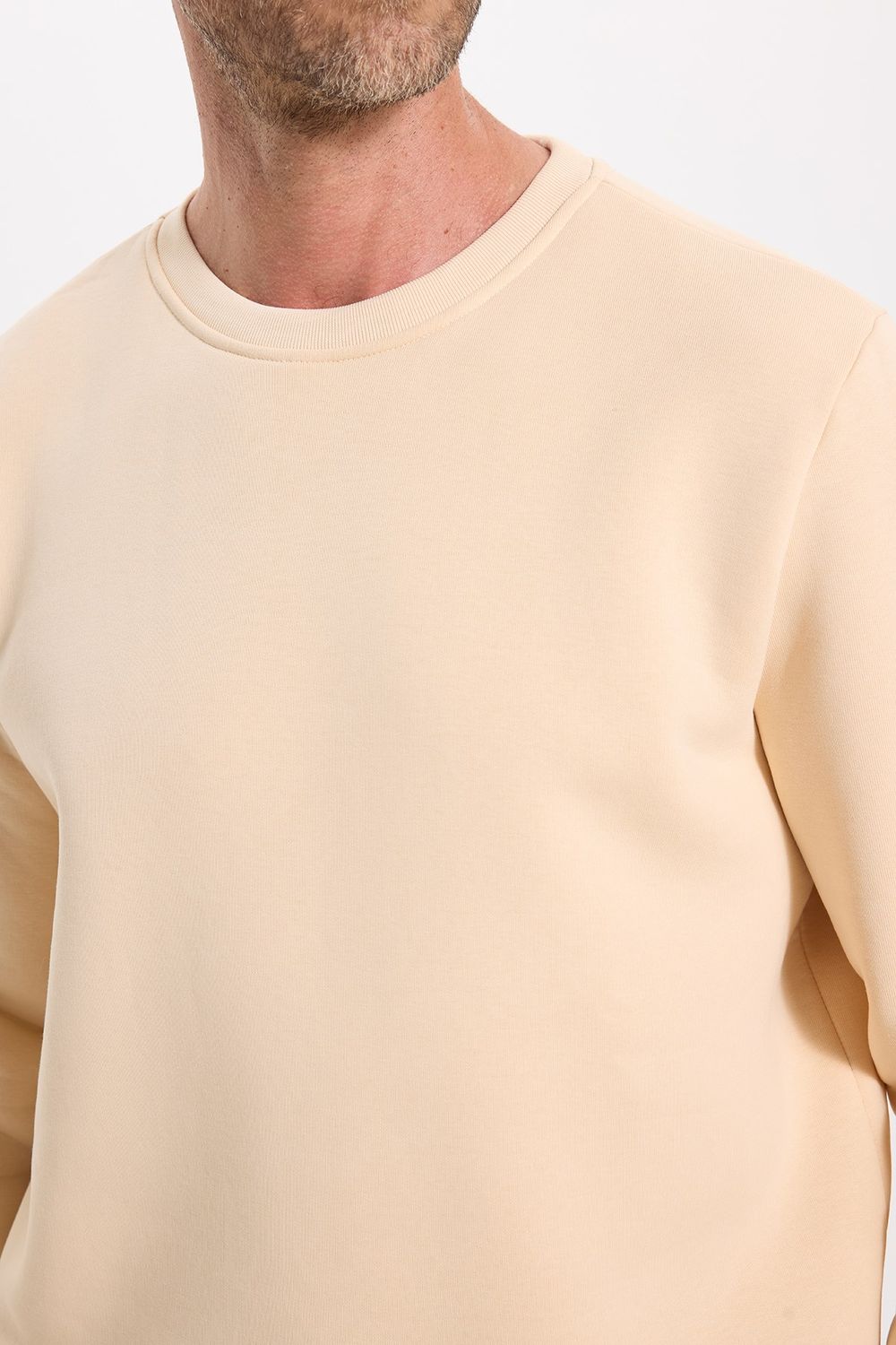 Unisex Relax Fit Rahat Kesim Pamuklu 3 İplik İçi Polarlı Bej Renk Bisiklet Yaka Sweatshirt