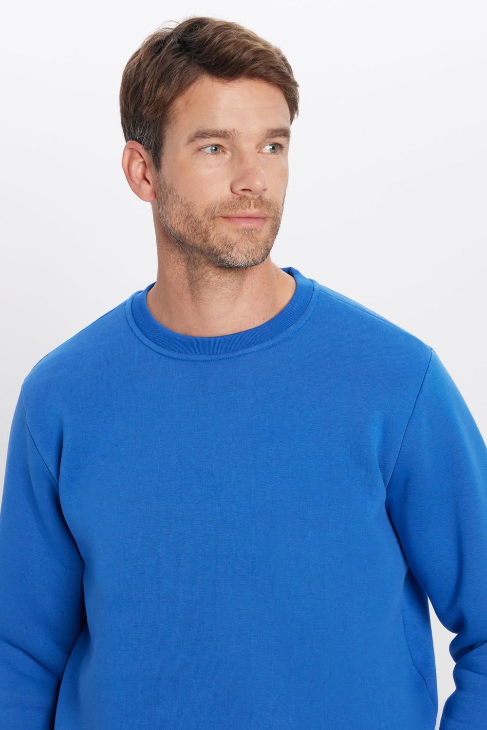 Unisex Relax Fit Rahat Kesim Pamuklu Yumuşak Dokulu İçi Polarlı Basic Saks Mavi Bisiklet Yaka Sweatshirt