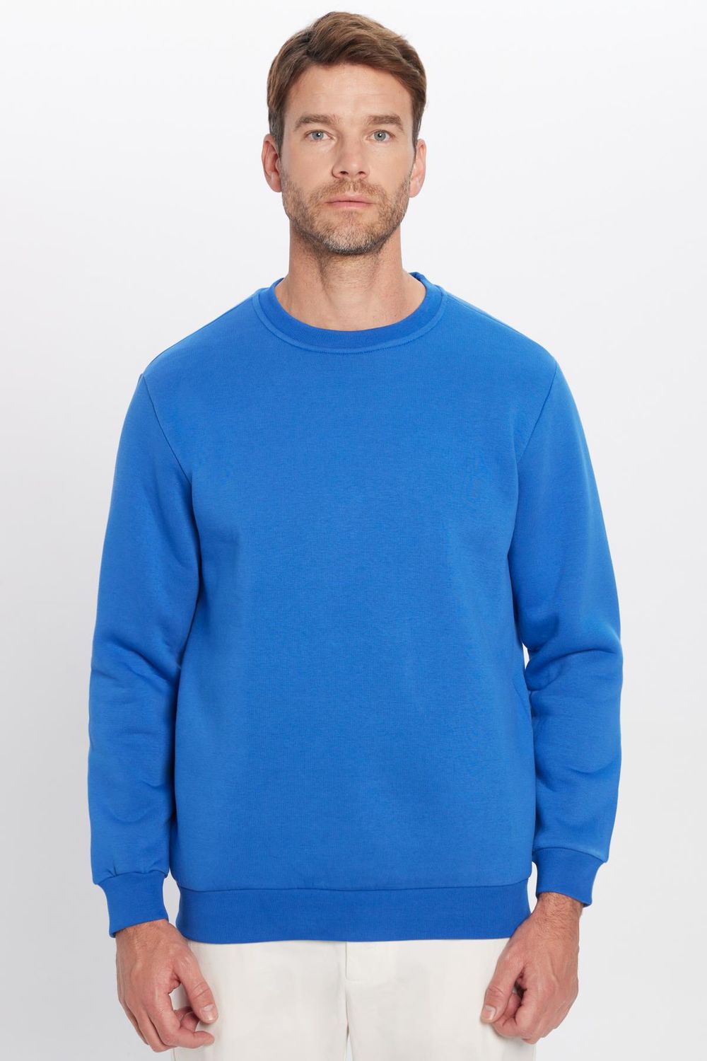 Unisex Relax Fit Rahat Kesim Pamuklu Yumuşak Dokulu İçi Polarlı Basic Saks Mavi Bisiklet Yaka Sweatshirt