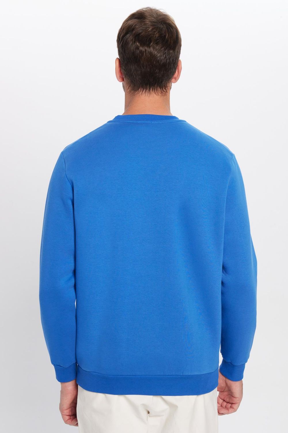 Unisex Relax Fit Rahat Kesim Pamuklu Yumuşak Dokulu İçi Polarlı Basic Saks Mavi Bisiklet Yaka Sweatshirt