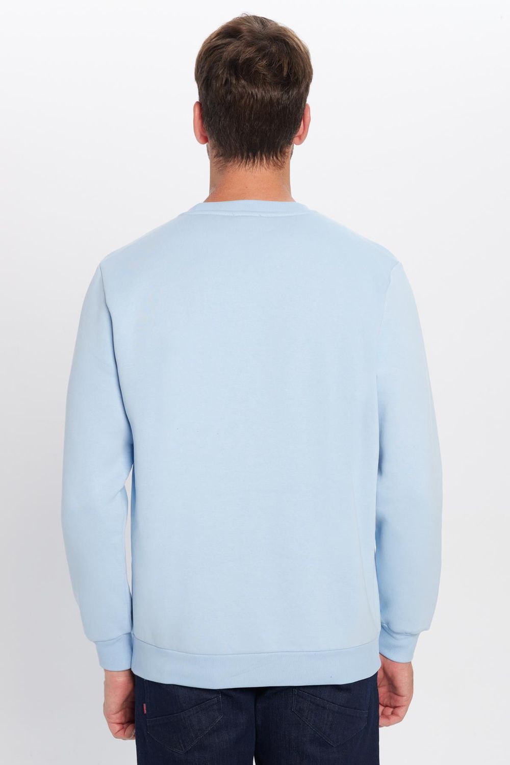 Unisex Relax Fit Rahat Kesim Pamuklu Yumuşak Dokulu İçi Polarlı Basic Mavi Bisiklet Yaka Sweatshirt