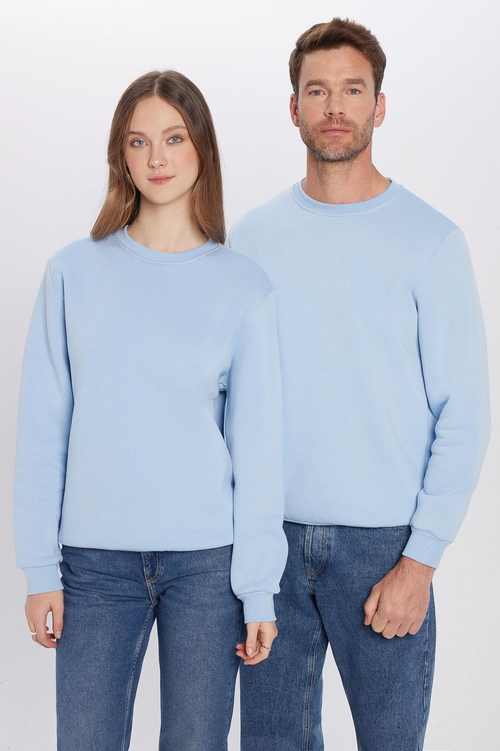 Unisex Relax Fit Rahat Kesim Pamuklu Yumuşak Dokulu İçi Polarlı Basic Mavi Bisiklet Yaka Sweatshirt