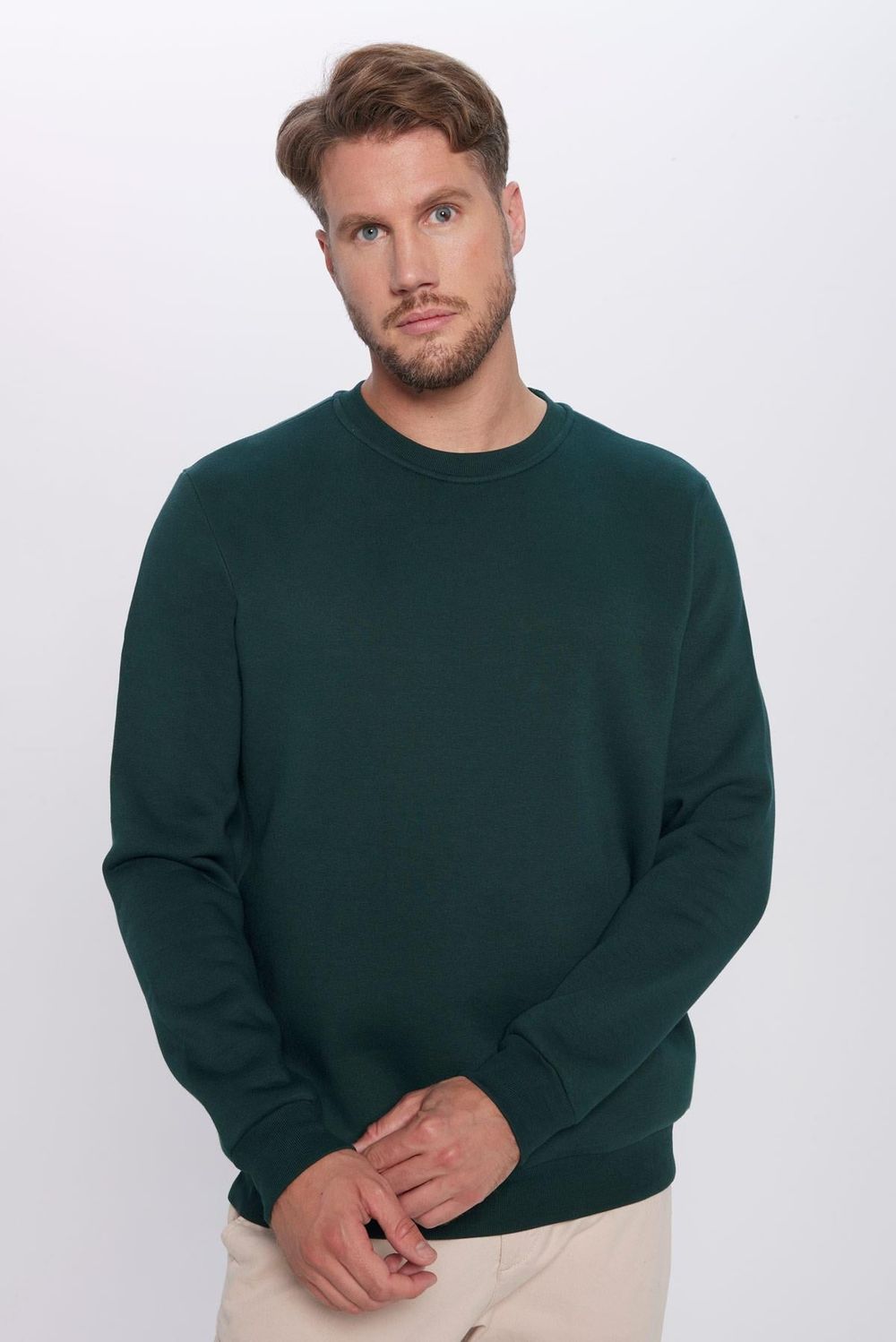 Unisex Relax Fit Rahat Kesim Pamuklu Yumuşak Dokulu İçi Polarlı Basic Yeşil Bisiklet Yaka Sweatshirt