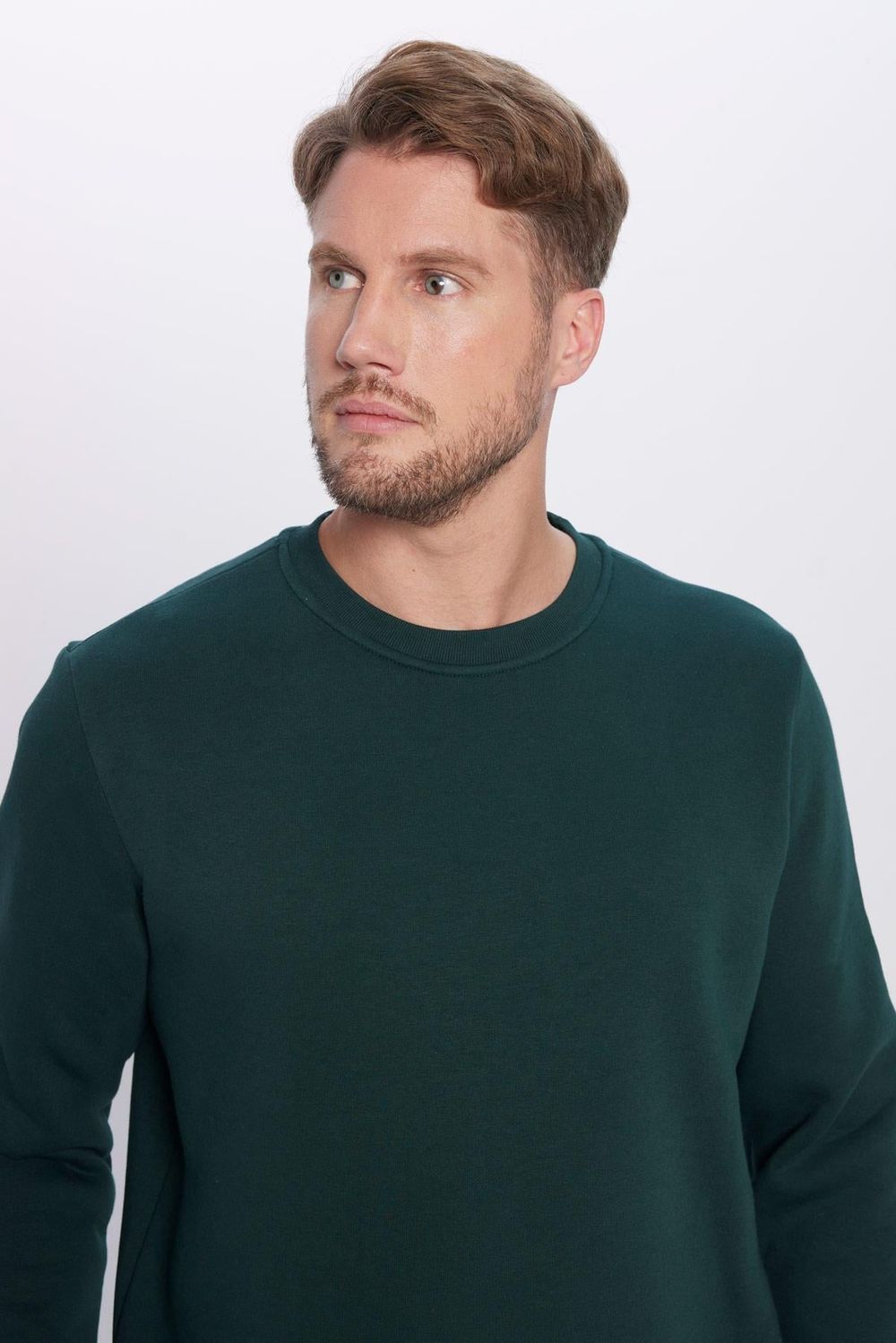 Unisex Relax Fit Rahat Kesim Pamuklu Yumuşak Dokulu İçi Polarlı Basic Yeşil Bisiklet Yaka Sweatshirt