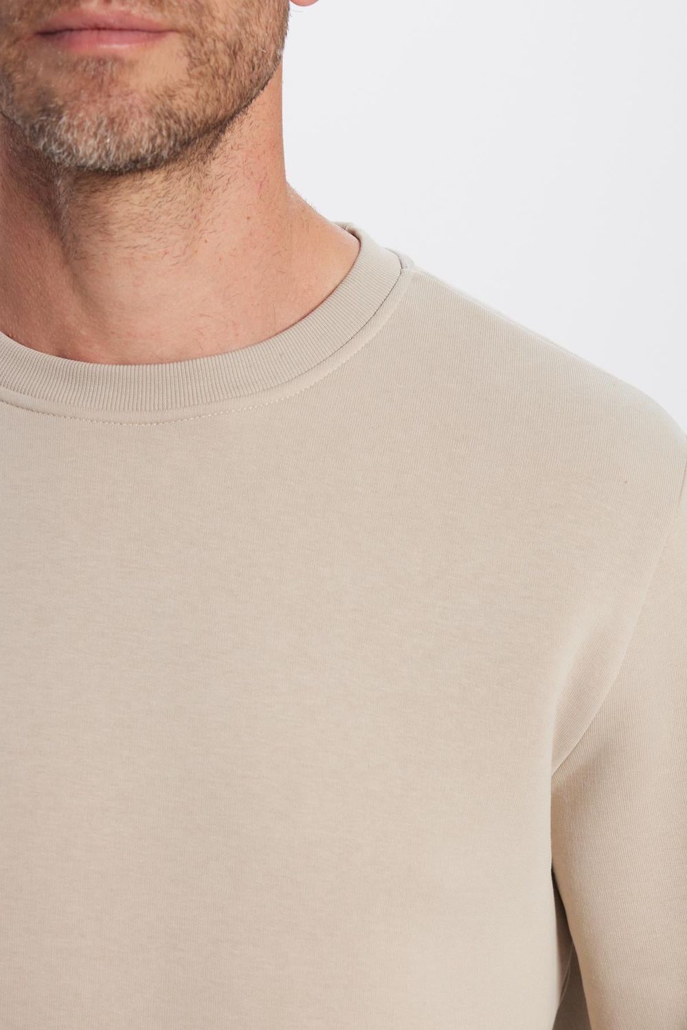 Unisex Relax Fit Rahat Kesim Pamuklu Yumuşak Dokulu İçi Polarlı Basic Taş Renk Bisiklet Yaka Sweatshirt