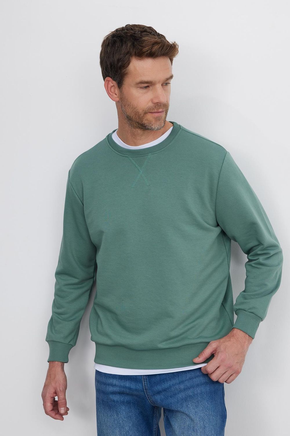 Unisex Relax Fit Rahat Kesim %100 Pamuk Basic Yeşil Bisiklet Yaka Sweatshirt