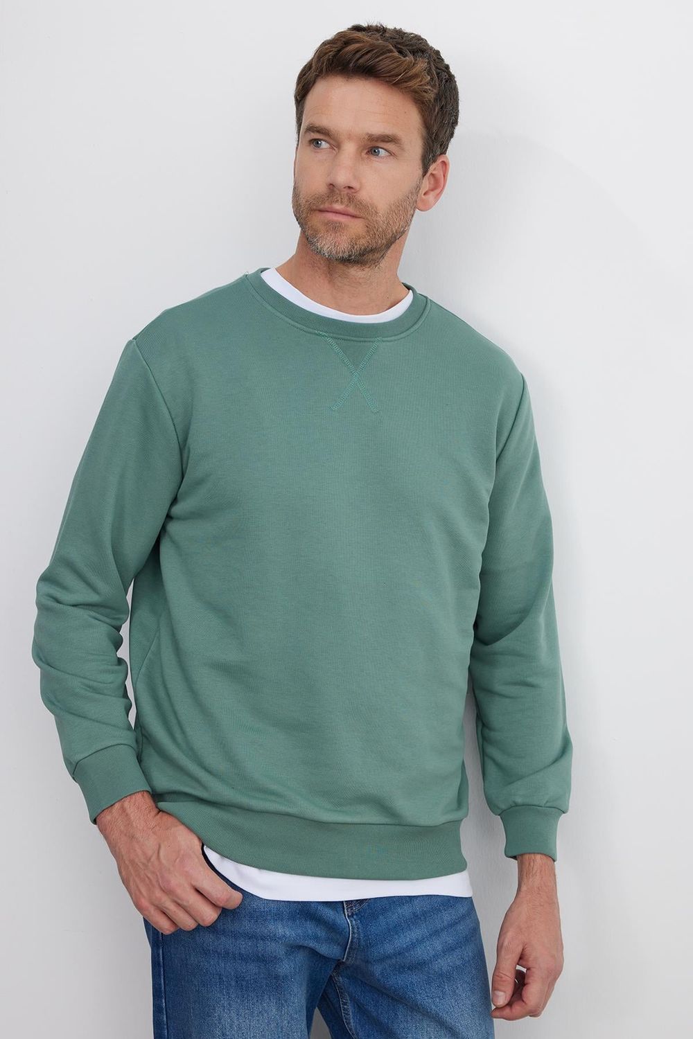 Unisex Relax Fit Rahat Kesim %100 Pamuk Basic Yeşil Bisiklet Yaka Sweatshirt