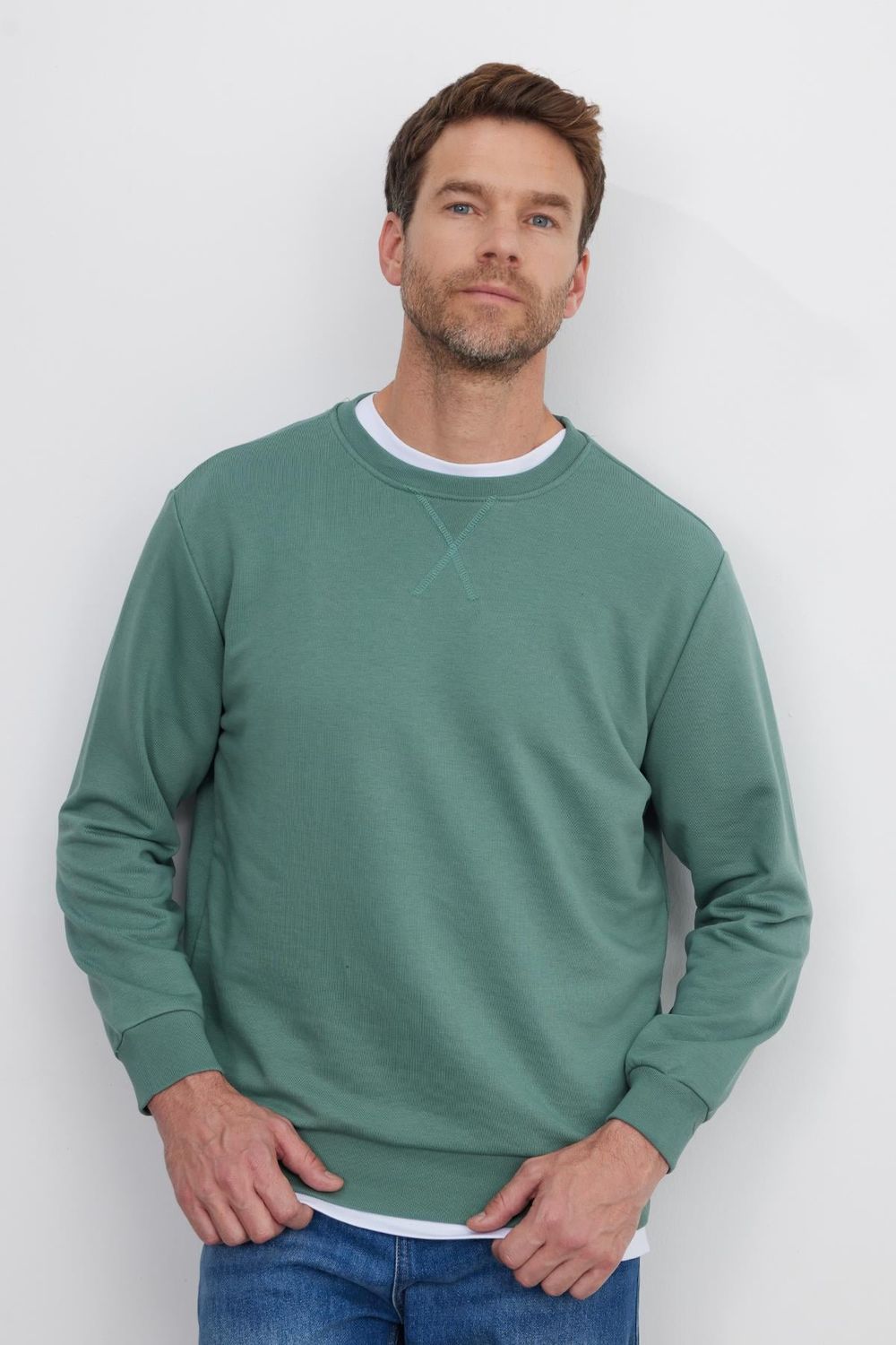 Unisex Relax Fit Rahat Kesim %100 Pamuk Basic Yeşil Bisiklet Yaka Sweatshirt