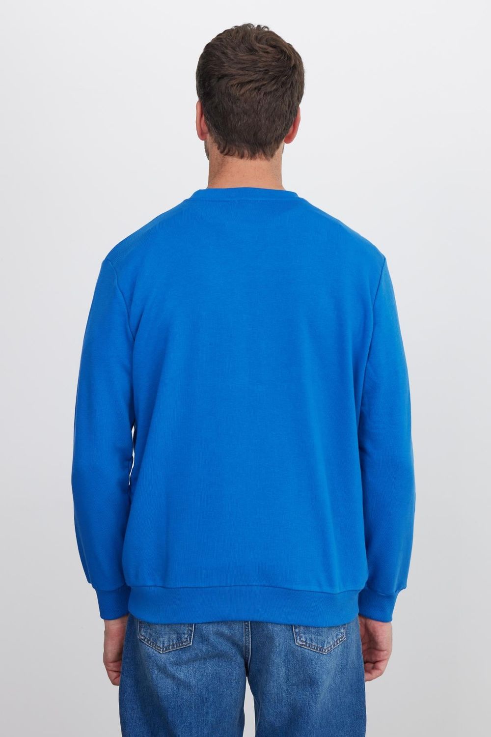 Unisex Relax Fit Rahat Kesim %100 Pamuk Basic Saks Mavi Bisiklet Yaka Sweatshirt