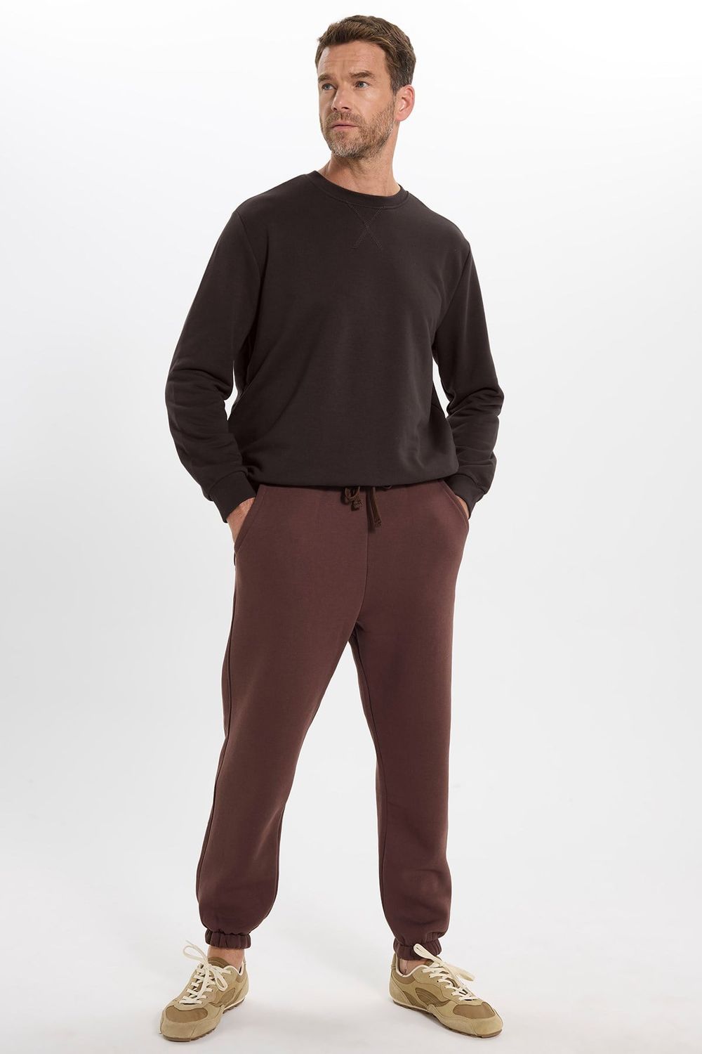 Unisex Relax Fit Rahat Kesim %100 Pamuk 3 İplik Basic Kahverengi Bisiklet Yaka Sweatshirt