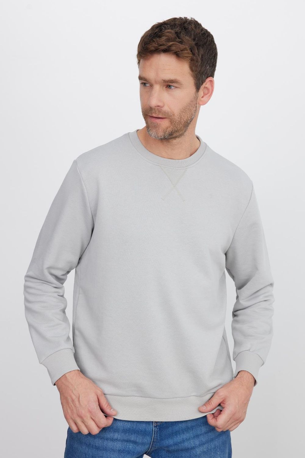 Unisex Relax Fit Rahat Kesim %100 Pamuk Basic Taş Renk Bisiklet Yaka Sweatshirt