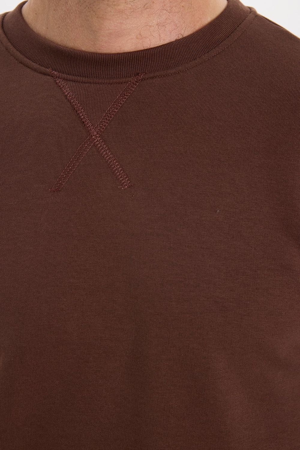 Unisex Relax Fit Rahat Kesim %100 Pamuk 3 İplik Basic Kahverengi Bisiklet Yaka Sweatshirt