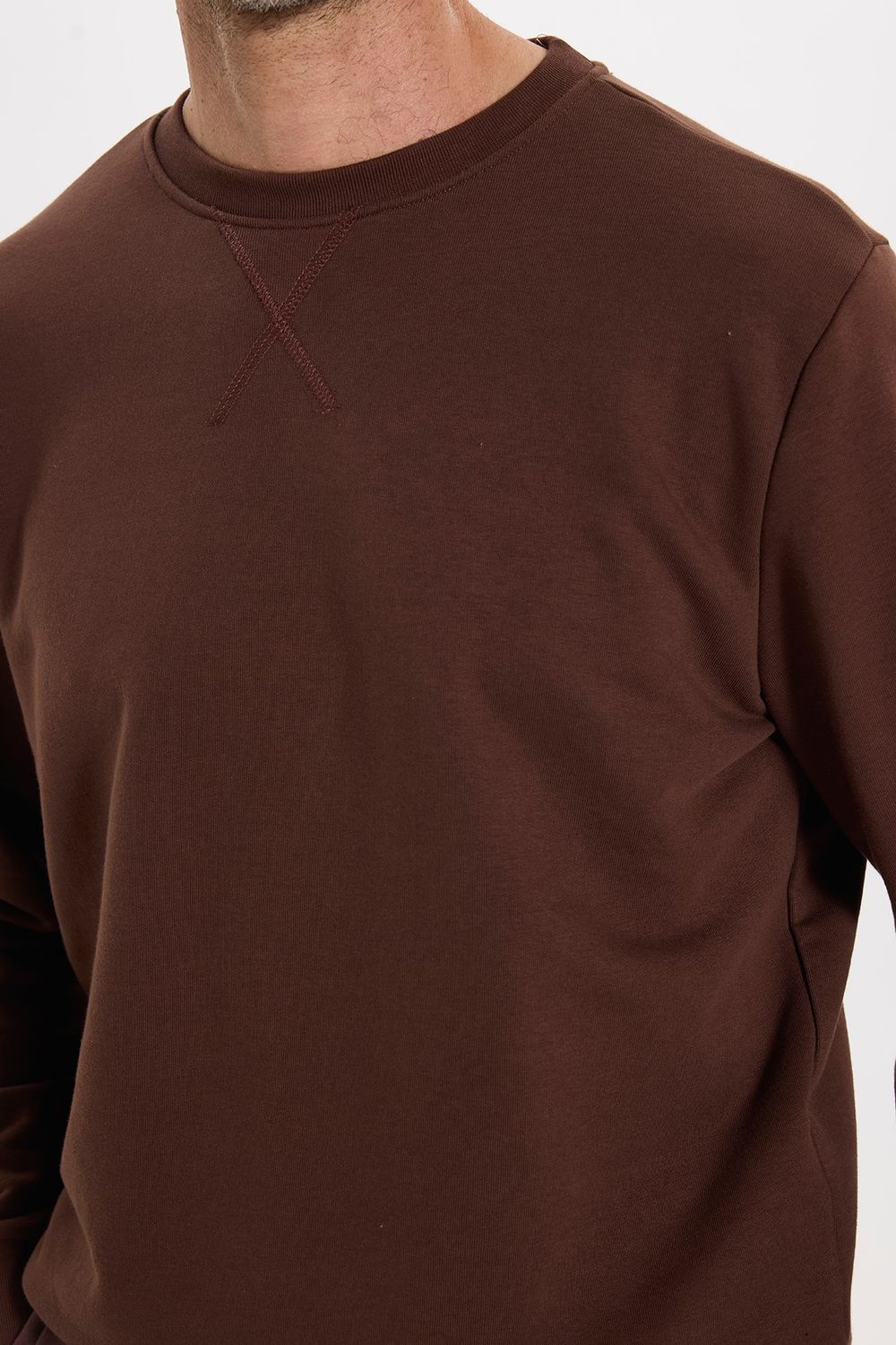 Unisex Relax Fit Rahat Kesim %100 Pamuk 3 İplik Basic Kahverengi Bisiklet Yaka Sweatshirt