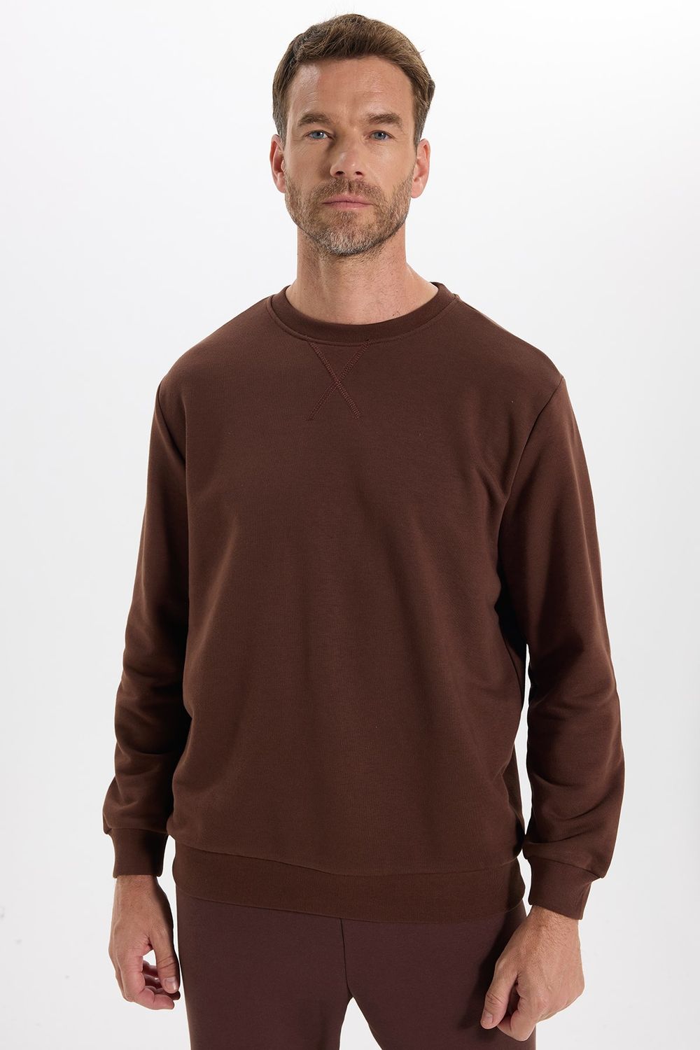 Unisex Relax Fit Rahat Kesim %100 Pamuk 3 İplik Basic Kahverengi Bisiklet Yaka Sweatshirt