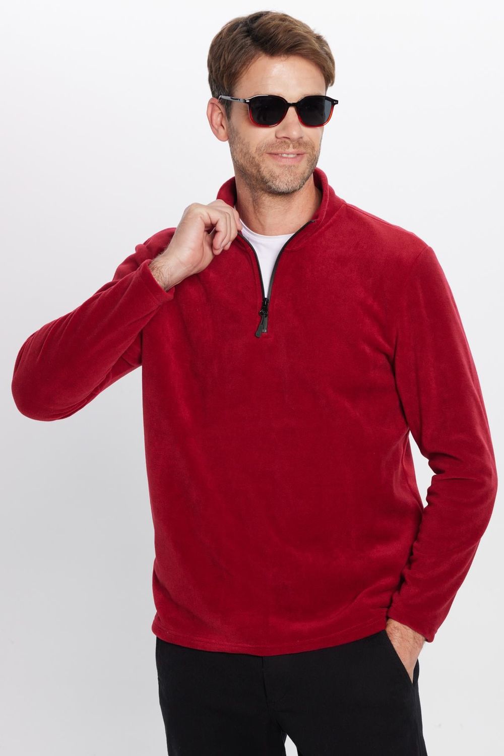 Unisex Standart Fit Rahat Kesim Tüylenme Yapmayan Soğuk Geçirmez  Bordo Dik Yaka Polar Sweatshirt