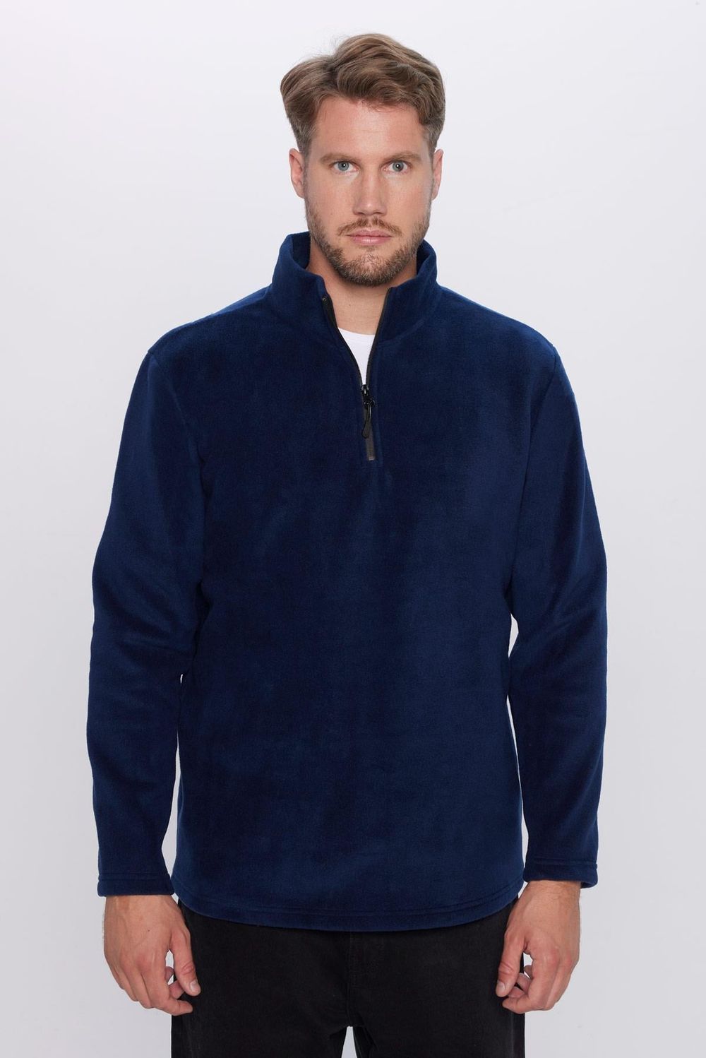 Erkek Standart Fit Rahat Kesim Tüylenme Yapmayan Soğuk Geçirmez Lacivert Dik Yaka Polar Sweatshirt